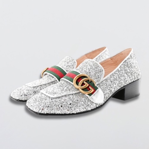 Gucci GG Marmont Web Peyton Loafers Coarse Glitter Metallic Silver Women’s US 35 - Picture 3 of 15